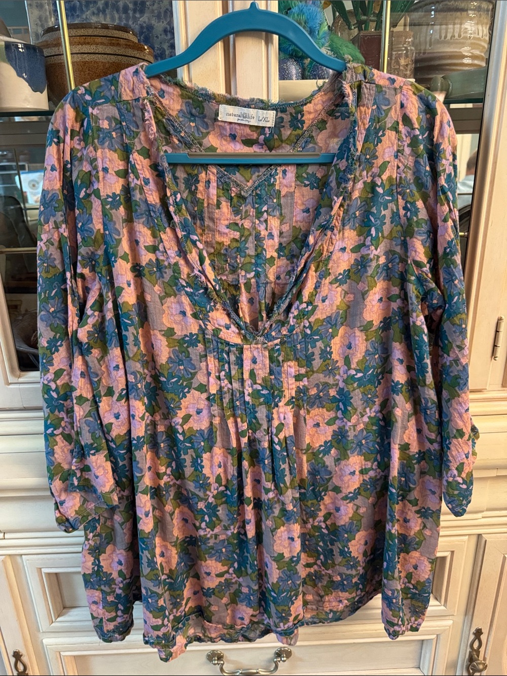 NATURAL LIFE Pink and Blue Green Floral V-Neck Peasant Tunic
